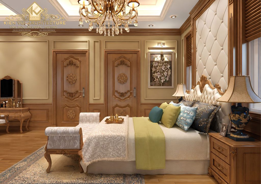 Thiết kế phòng ngủ biệt thự tân cổ điển 3 tầng với nội thất gỗ sang trọng