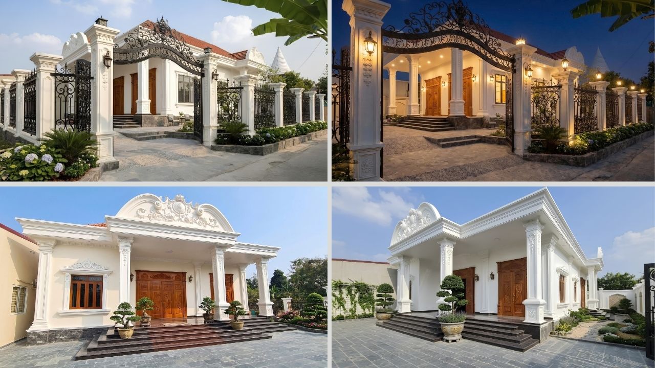 Biệt thự 1 tầng tân cổ điển hoàn thiện với mặt tiền trắng và cổng sắt mỹ thuật