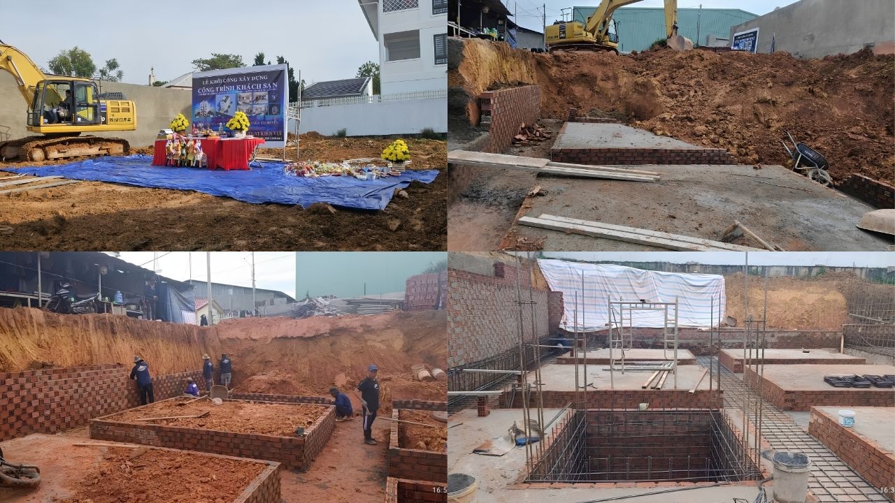 Lễ khởi công và giai đoạn thi công phần móng khách sạn tại Đà Lạt do Kiến Vui thực hiện