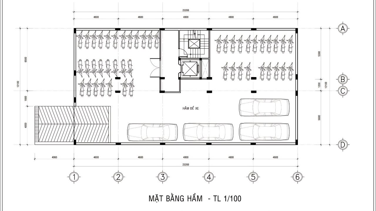 Mặt bằng tầng hầm khách sạn Đà Lạt bố trí bãi đậu xe và khu kỹ thuật
