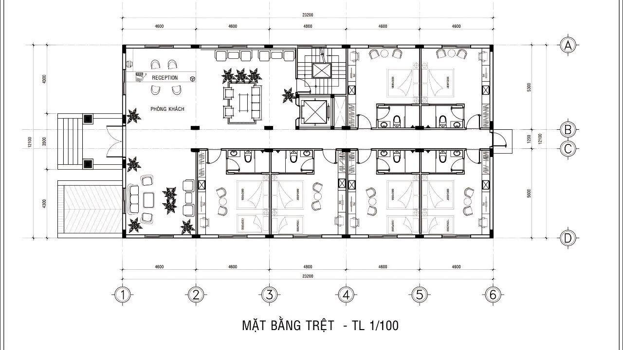 Mặt bằng tầng trệt khách sạn Đà Lạt gồm sảnh lễ tân và phòng nghỉ
