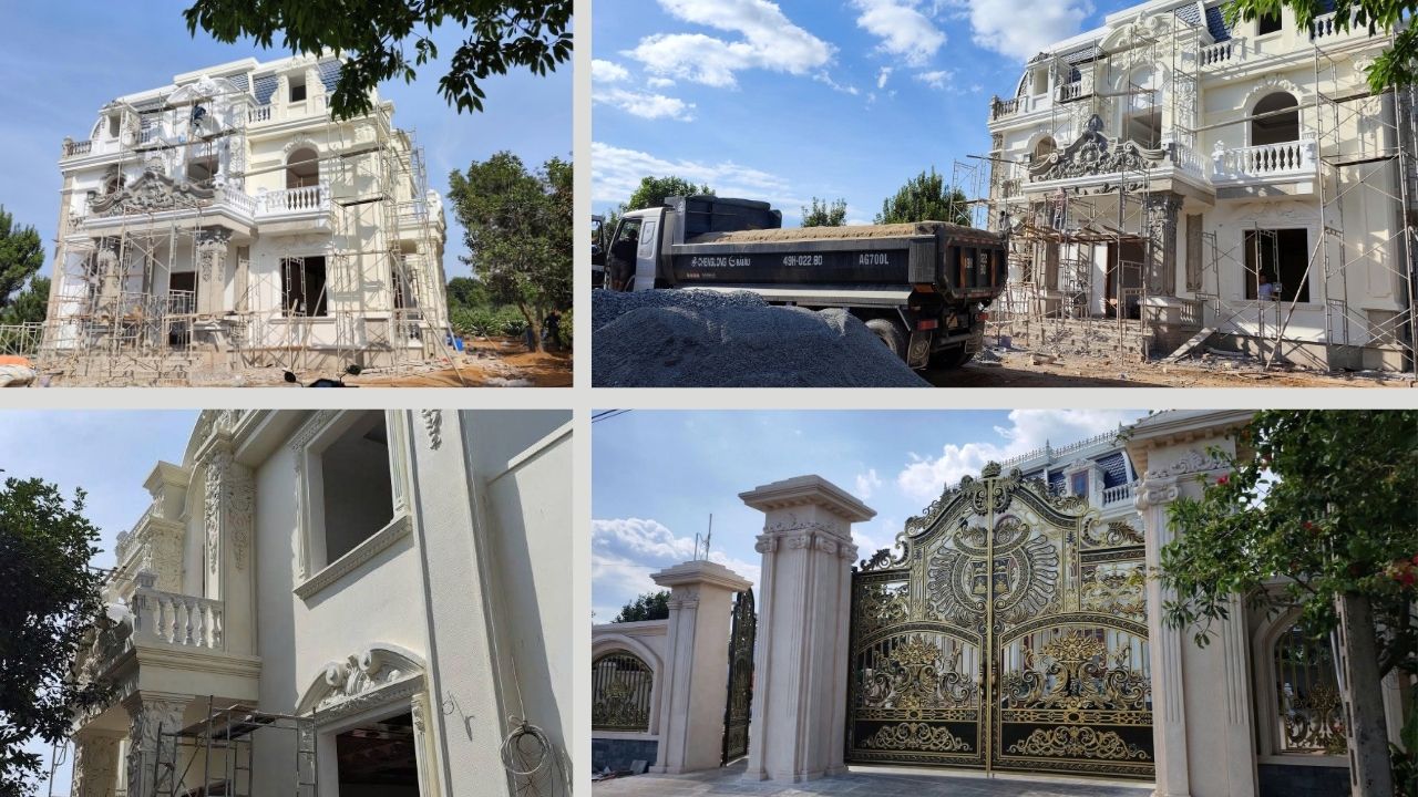 Hoàn thiện ngoại thất biệt thự tân cổ điển mái Mansard và cổng nhôm đúc