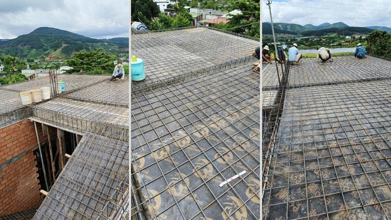 Lắp đặt cốt thép sàn bê tông biệt thự tân cổ điển trước khi đổ bê tông