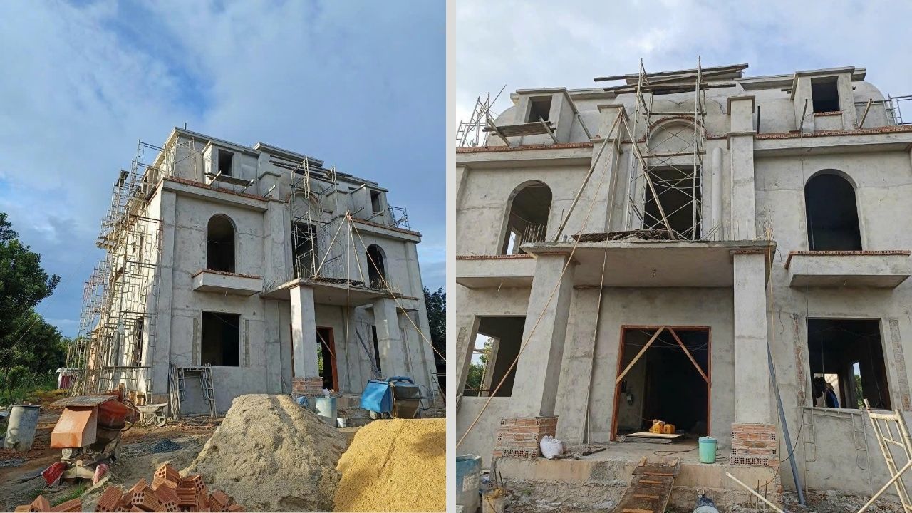 Biệt thự tân cổ điển mái Mansard trong giai đoạn thi công phần thô