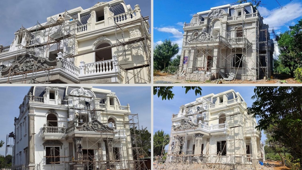 Biệt thự tân cổ điển mái Mansard trong giai đoạn hoàn thiện mặt tiền và phào chỉ