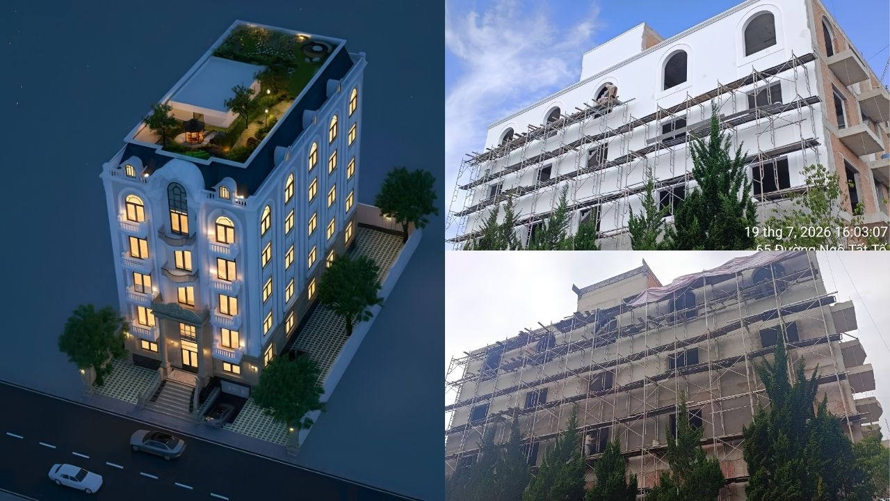 Phối cảnh thiết kế và hình ảnh thi công thực tế khách sạn Đà Lạt
