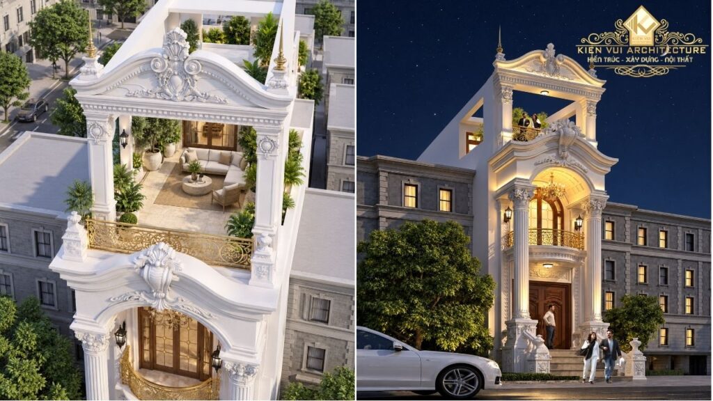 Phối cảnh tổng thể biệt thự phố phong cách tân cổ điển với mặt tiền trắng sang trọng, ban công hoa văn và không gian sân thượng thoáng đãng.