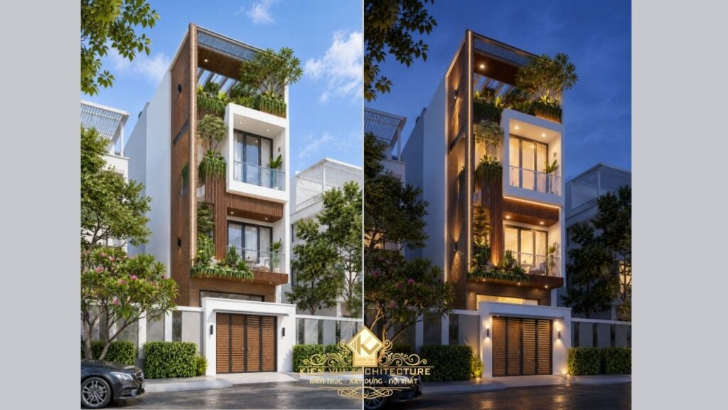 Phối cảnh mặt tiền nhà phố chị Linh tại Củ Chi vào ban ngày và ban đêm