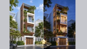 Phối cảnh mặt tiền nhà phố chị Linh tại Củ Chi vào ban ngày và ban đêm