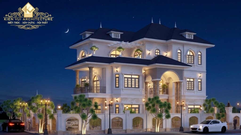 Mẫu biệt thự 3 tầng tân cổ điển sang trọng nhìn từ mặt tiền ban đêm