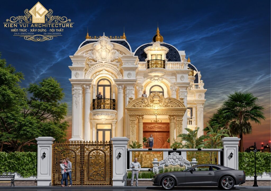 Thiết kế biệt thự cổ điển tại Vũng Tàu – Nhà anh Quốc Dũng | Kiến Vui Công trình có tổng diện tích xây dựng khoảng 346m², chưa bao gồm ban công, sảnh và khu vực sân vườn. Việc phân chia diện tích theo từng tầng giúp ngôi nhà vừa đáp ứng nhu cầu sinh hoạt của gia đình, vừa tạo được nhiều khoảng không gian riêng tư và tiện nghi. I. Thông tin dự án biệt thự anh Quốc Dũng Chủ đầu tư: Anh Quốc Dũng Địa điểm: TP. Vũng Tàu Loại hình: Biệt thự cổ điển 3 tầng 1 tum Tổng diện tích xây dựng: 346m² Đơn vị thiết kế: Công Ty TNHH Kiến Trúc Xây Dựng Nội Thất Kiến Vui Điểm đáng chú ý của dự án không nằm ở việc sử dụng diện tích quá lớn mà ở cách tổ chức kiến trúc và công năng theo chiều cao. Đây cũng là đặc điểm phù hợp với dạng biệt thự phố cần cân bằng giữa không gian sinh hoạt và hình thức mặt tiền. II. Ngoại thất cổ điển nổi bật với mái Mansard Quan sát phối cảnh có thể thấy mặt tiền được phát triển theo tinh thần kiến trúc cổ điển châu Âu với hệ cột, cửa vòm, phào chỉ và phù điêu xuất hiện xuyên suốt công trình. Gam trắng – kem đóng vai trò màu nền, giúp các chi tiết trang trí nổi rõ hơn. Trong khi đó, phần mái xanh đậm và các chi tiết kim loại màu vàng tạo độ tương phản, khiến tổng thể trở nên bề thế hơn khi nhìn từ xa. III. Công năng diện tích 346m² được phân chia khoa học Dựa trên hệ bản vẽ của dự án, không gian được tổ chức theo từng tầng nhằm tách tương đối rõ khu vực sinh hoạt chung, nghỉ ngơi và thờ cúng. Tầng trệt 105m² ưu tiên cho khu vực tiếp cận công trình, gara và các không gian hỗ trợ. Khoảng sân phía trước và hệ cầu thang cong tạo lối dẫn lên sảnh chính, giúp công trình có trải nghiệm tiếp cận trang trọng hơn. Lầu 1 khoảng 100m² là khu sinh hoạt chung chính với phòng khách, phòng ăn và bếp. Việc đặt các không gian này gần nhau tạo thuận tiện trong sử dụng hằng ngày, đồng thời giúp khu vực tiếp khách có quy mô tương xứng với kiến trúc bên ngoài. Lầu 2 khoảng 93m² được bố trí nhiều hơn cho khu vực nghỉ ngơi và làm việc. Qua bản vẽ có thể thấy các phòng ngủ được phân chia độc lập, kèm theo các khu vực vệ sinh và giao thông ở trung tâm. Tầng tum khoảng 58m² tiếp tục bổ sung khu vực phòng thờ, sân phơi và không gian chức năng phụ. Nhờ đó, khu vực thờ cúng được tách khỏi các tầng sinh hoạt chính nhưng vẫn đảm bảo tính trang trọng. IV. Nội thất gỗ tạo sự đồng nhất với kiến trúc Không gian nội thất tiếp tục sử dụng ngôn ngữ cổ điển thay vì chuyển sang phong cách hiện đại hoàn toàn. Hệ ốp gỗ, cột trang trí, đường phào và hoa văn ánh kim xuất hiện xuyên suốt phòng khách. Trần nhà được xử lý nhiều lớp, kết hợp đèn chùm pha lê giúp không gian có chiều sâu và tạo điểm nhấn theo phương đứng. Khu vực phòng khách sử dụng sofa sáng màu để cân bằng lượng gỗ tương đối lớn trong không gian. Sàn đá hoa văn và hệ bàn trung tâm tiếp tục giữ bảng màu kem – nâu – vàng, tạo sự thống nhất giữa các thành phần. V. Phòng bếp, phòng ăn và phòng ngủ tiện nghi Không gian bếp được bố trí hệ tủ cao sát trần nhằm tăng khả năng lưu trữ. Màu kem của cánh tủ kết hợp khung gỗ nâu giúp khu vực bếp không trở nên quá tối dù sử dụng phong cách cổ điển. Phòng ăn sử dụng bàn lớn, ghế bọc nệm sáng màu và đèn chùm pha lê. Cách bố trí này phù hợp với những gia đình thường xuyên có nhiều thành viên dùng bữa hoặc tiếp khách. Trong phòng ngủ, lượng chi tiết trang trí được tiết chế hơn so với phòng khách. Hệ gỗ vẫn đóng vai trò chủ đạo nhưng được phối cùng nệm, rèm và bề mặt sáng màu để tạo cảm giác nhẹ và thư giãn hơn. Việc duy trì cùng bảng vật liệu từ phòng khách đến bếp, phòng ăn và phòng ngủ giúp toàn bộ biệt thự có tính liên kết thay vì mỗi phòng theo một phong cách riêng. VI. Giá trị nổi bật của thiết kế biệt thự tại Vũng Tàu Dự án nhà anh Quốc Dũng là một ví dụ cho cách triển khai biệt thự cổ điển 3 tầng 1 tum theo hướng đồng bộ từ kiến trúc, công năng đến nội thất. Kiến Vui định hướng mỗi công trình dựa trên nhu cầu sử dụng thực tế của gia chủ, điều kiện khu đất và phong cách kiến trúc mong muốn, từ đó phát triển phương án thiết kế phù hợp thay vì áp dụng một mẫu cố định.