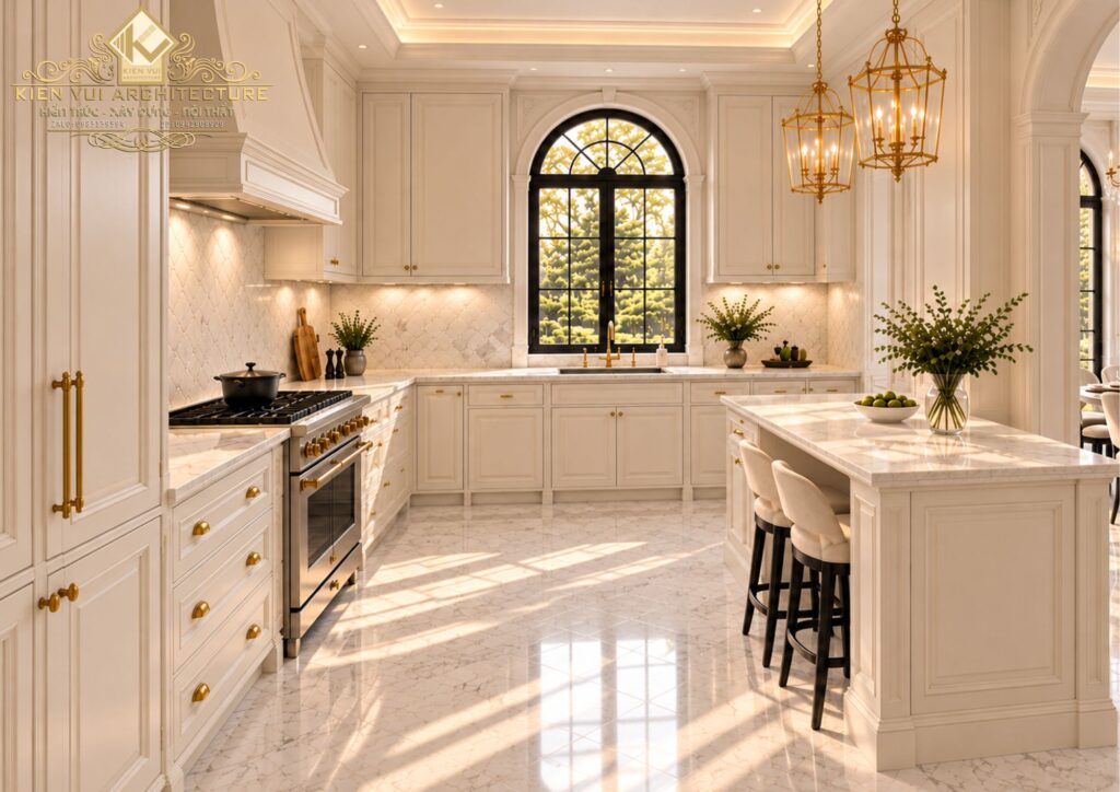 Bếp đảo tân cổ điển liên thông khu vực phòng ăn