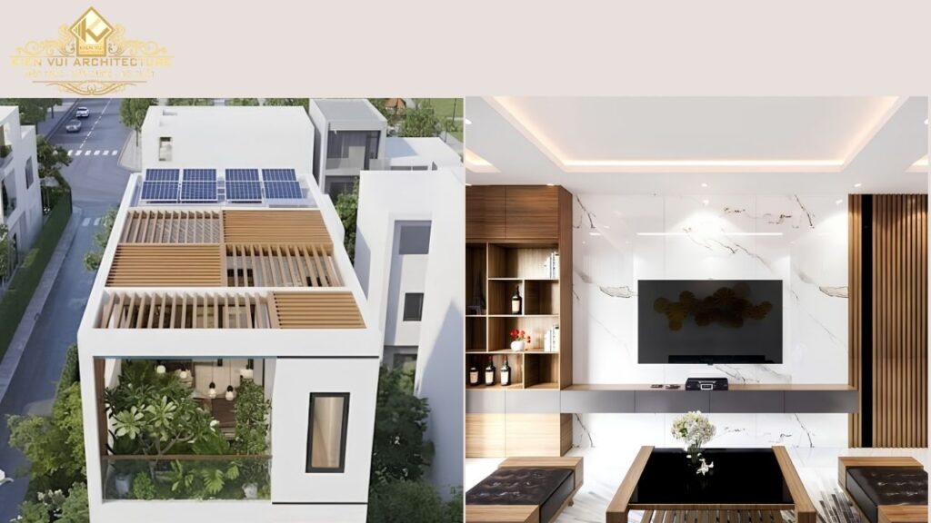 : Phối cảnh sân thượng nhà phố có lam che, cây xanh, pin năng lượng mặt trời và không gian phòng khách hiện đại