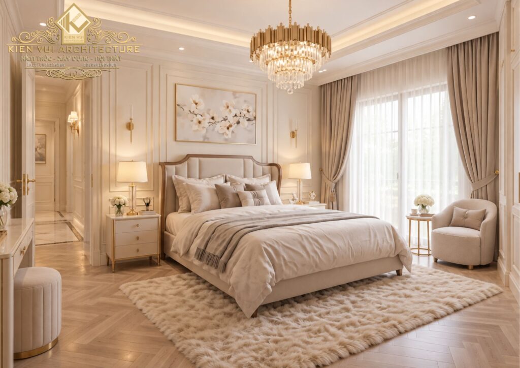 Phòng ngủ biệt thự tân cổ điển với nội thất tông be
