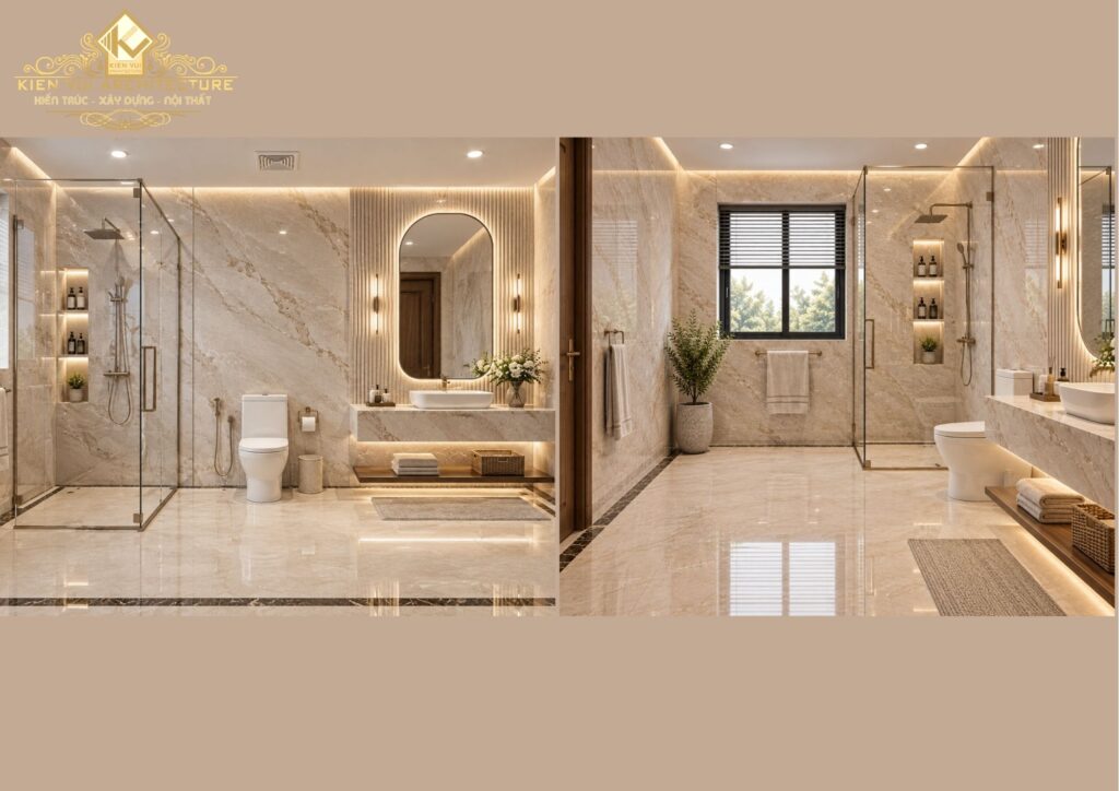 Phòng tắm biệt thự cao cấp với đá marble, vách kính và lavabo hiện đại