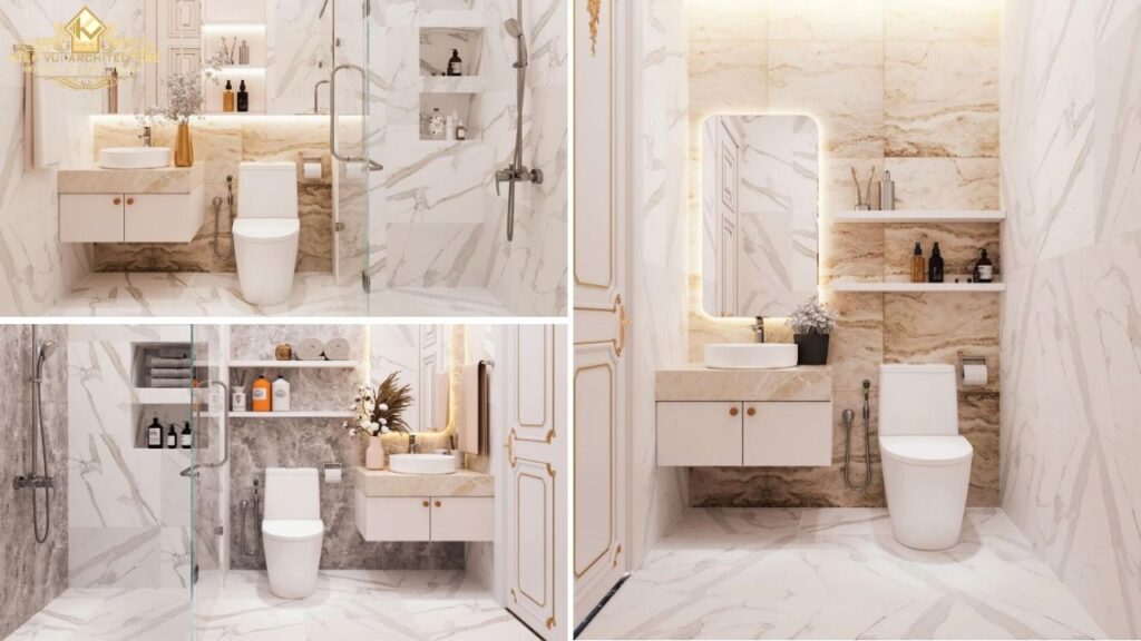 Phòng tắm được hoàn thiện với đá vân mây sáng màu, vách kính khu tắm đứng, lavabo treo và hệ kệ âm tường tiện dụng.