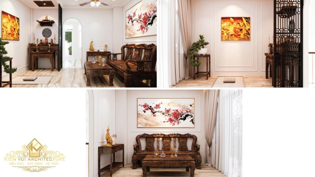 Không gian phòng thờ sử dụng nội thất gỗ tối màu, kết hợp tranh trang trí và hệ cửa ngăn tạo sự trang nghiêm, ấm cúng.