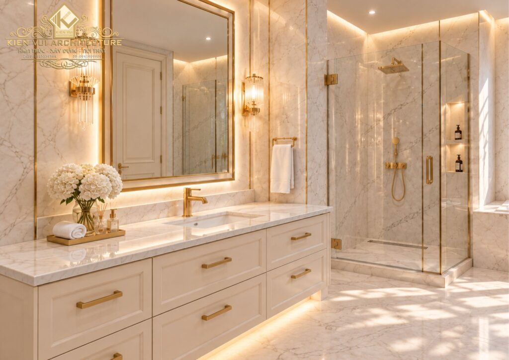 Bàn lavabo tủ trắng cạnh khu tắm kính ốp đá sáng màu