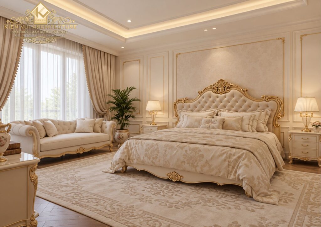 Phòng ngủ tân cổ điển với tường tivi phào chỉ và cửa kính lớn