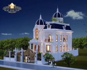 Mặt tiền biệt thự tân cổ điển ba tầng với mái vòm xanh và hệ cửa vòm