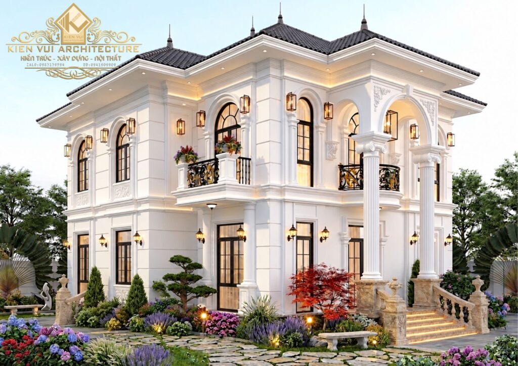 Góc nghiêng biệt thự 2 tầng mái Nhật với cột tròn và cửa vòm