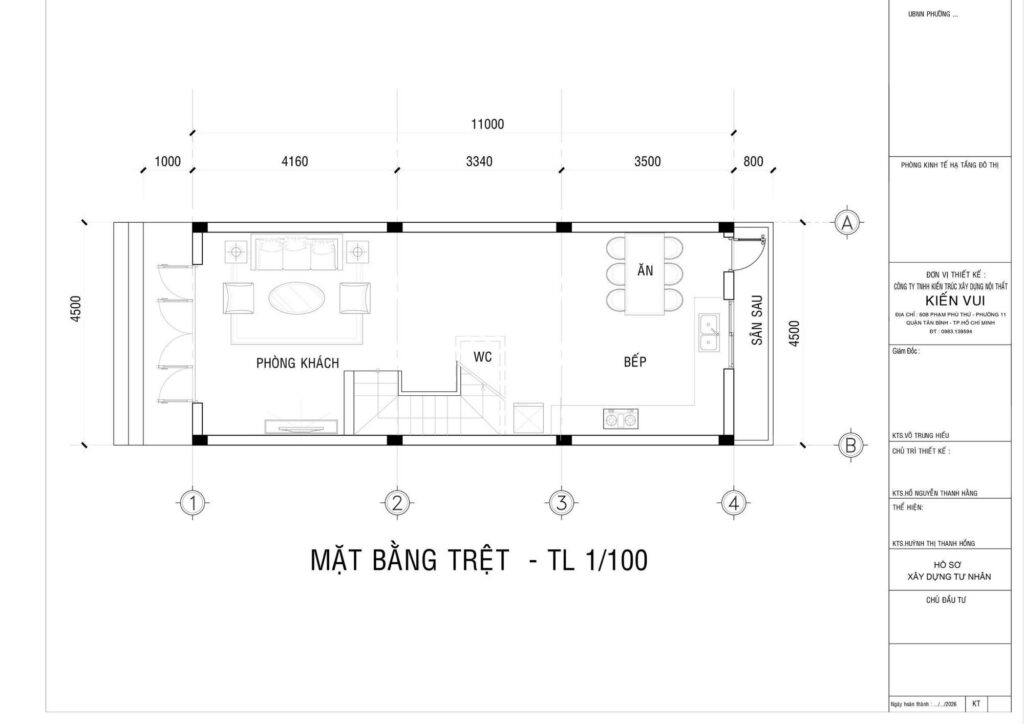 Mặt bằng tầng trệt nhà phố 4,5x11m tại Đà Lạt gồm phòng khách, bếp và khu ăn uống
