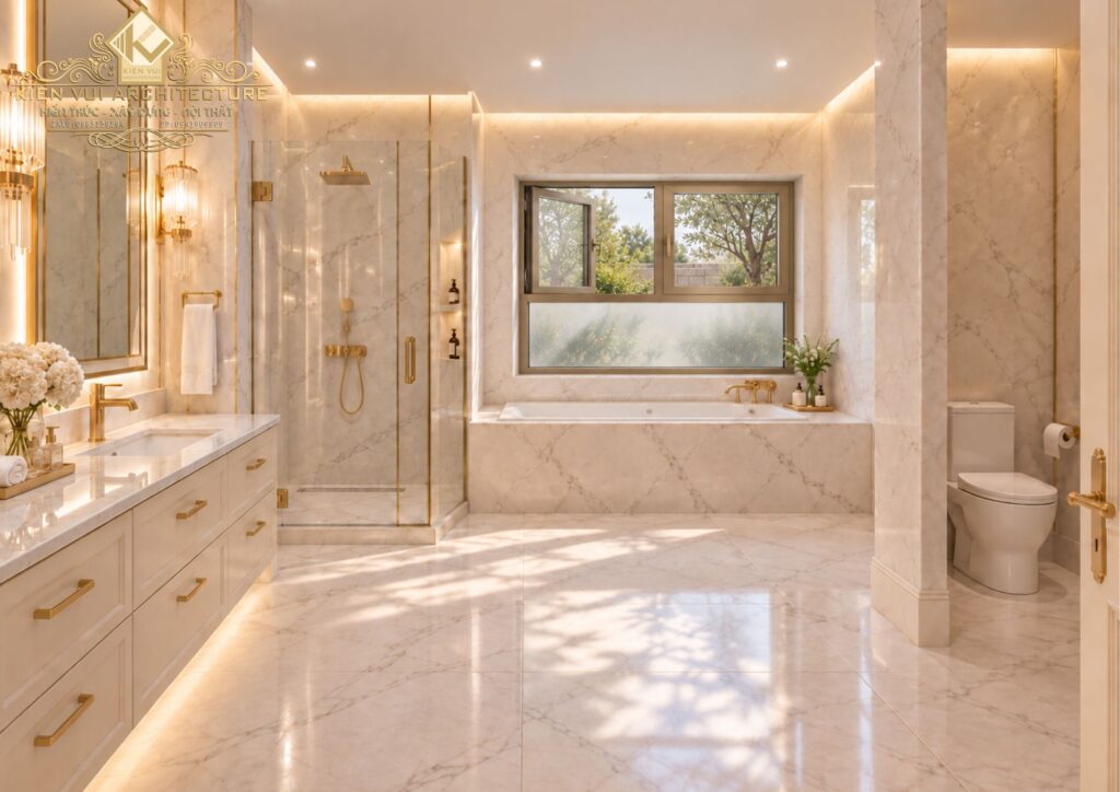 Phòng tắm biệt thự có bồn tắm, khu tắm kính và bàn lavabo dài