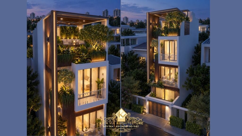 Phối cảnh mặt tiền và sân thượng nhà phố chị Linh tại Củ Chi nhìn từ góc cao vào buổi tối