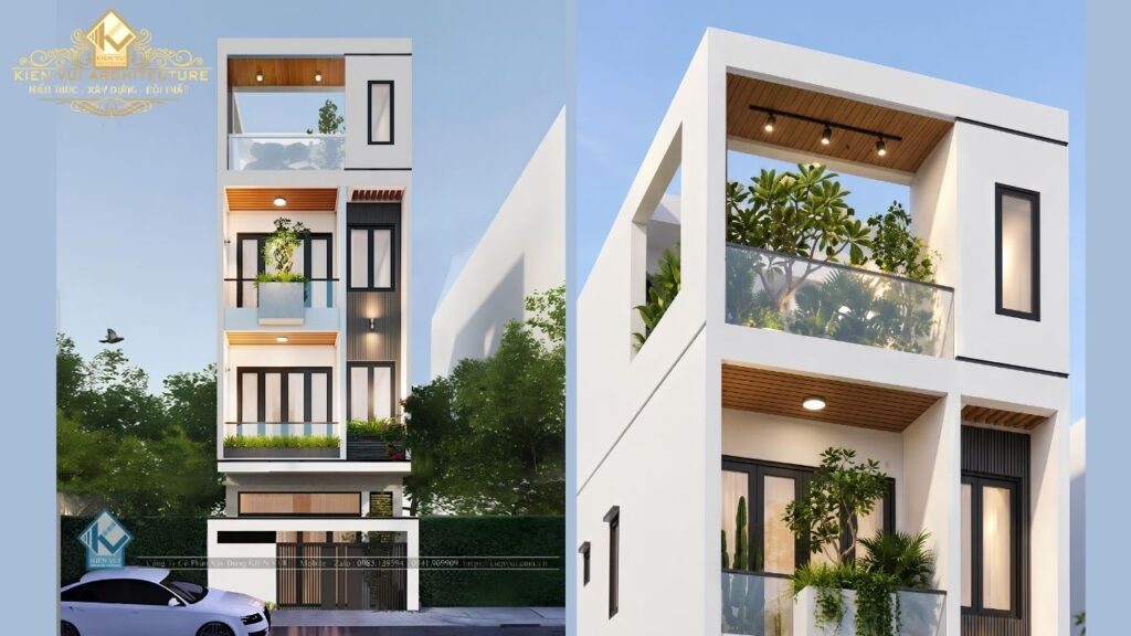Phối cảnh mặt tiền và ban công xanh nhà phố hiện đại với lam gỗ và khung kiến trúc tối giản