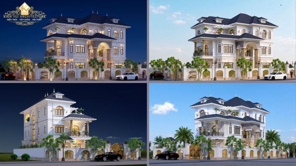 Phối cảnh biệt thự 3 tầng tân cổ điển ở nhiều góc nhìn ngày và đêm