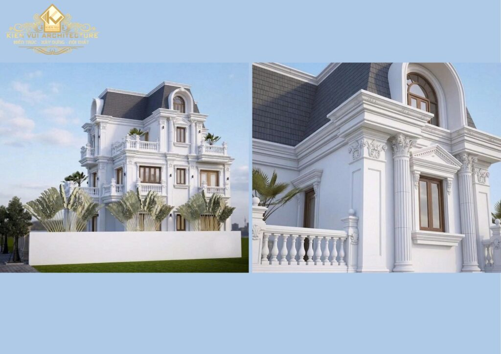 Thiết kế biệt thự cổ điển mái Mansard với cửa vòm và hệ cột trang trí mặt tiền