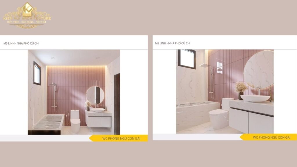 Thiết kế WC phòng ngủ con gái nhà phố chị Linh tại Củ Chi với lavabo, bồn tắm và ốp tường màu hồng