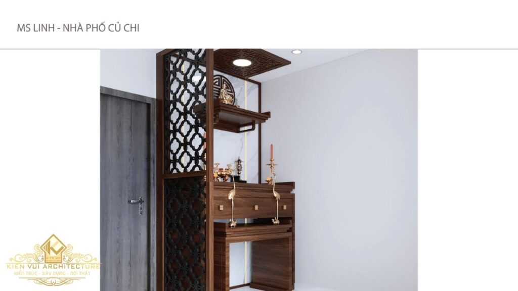 Thiết kế phòng thờ nhà phố chị Linh tại Củ Chi với bàn thờ gỗ và vách ngăn trang trí
