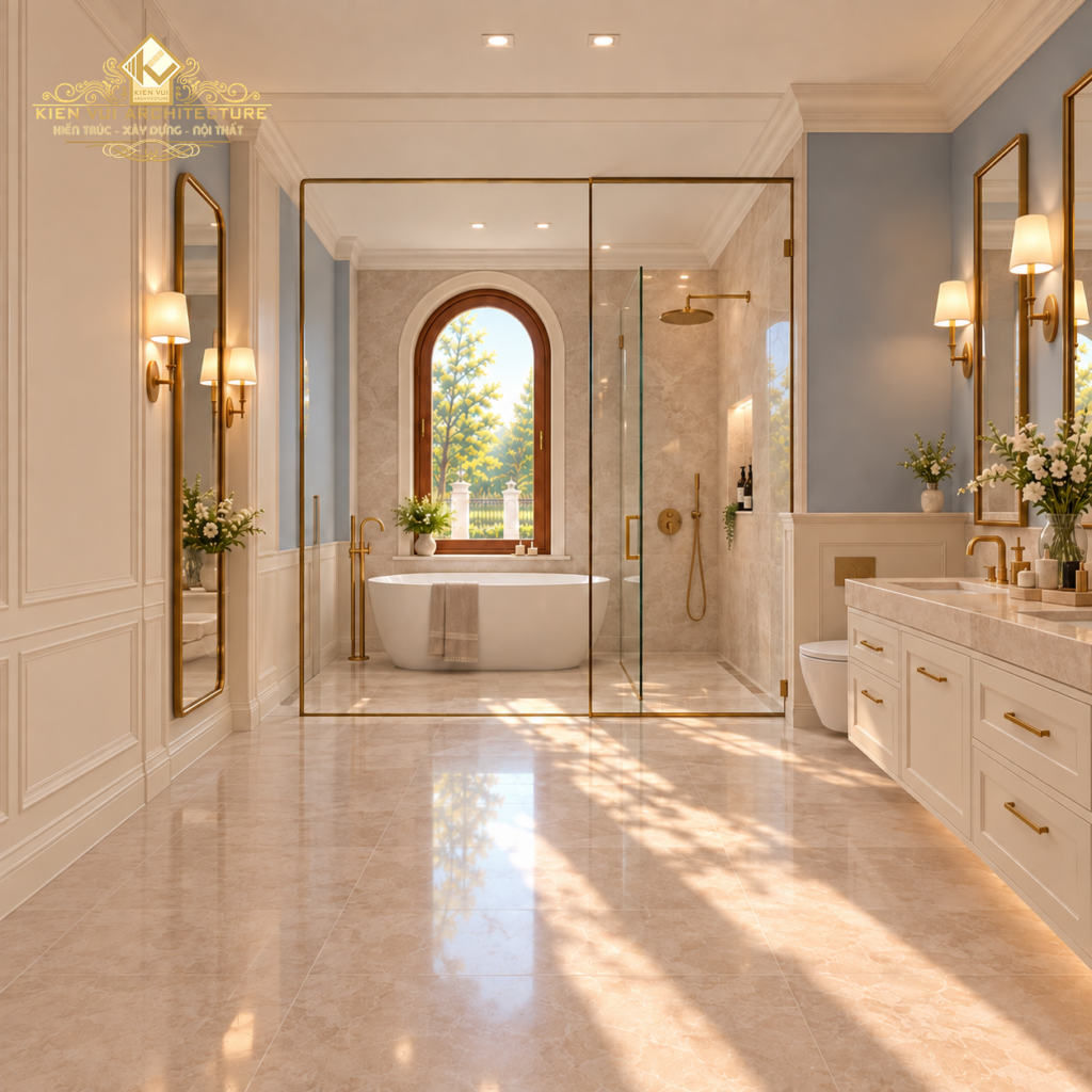 Phòng tắm biệt thự tân cổ điển với hai lavabo, khu tắm kính và cửa sổ vòm