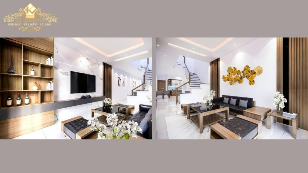 Hai góc thiết kế phòng khách nhà phố hiện đại với nội thất gỗ, sofa đen và kệ tivi âm tường