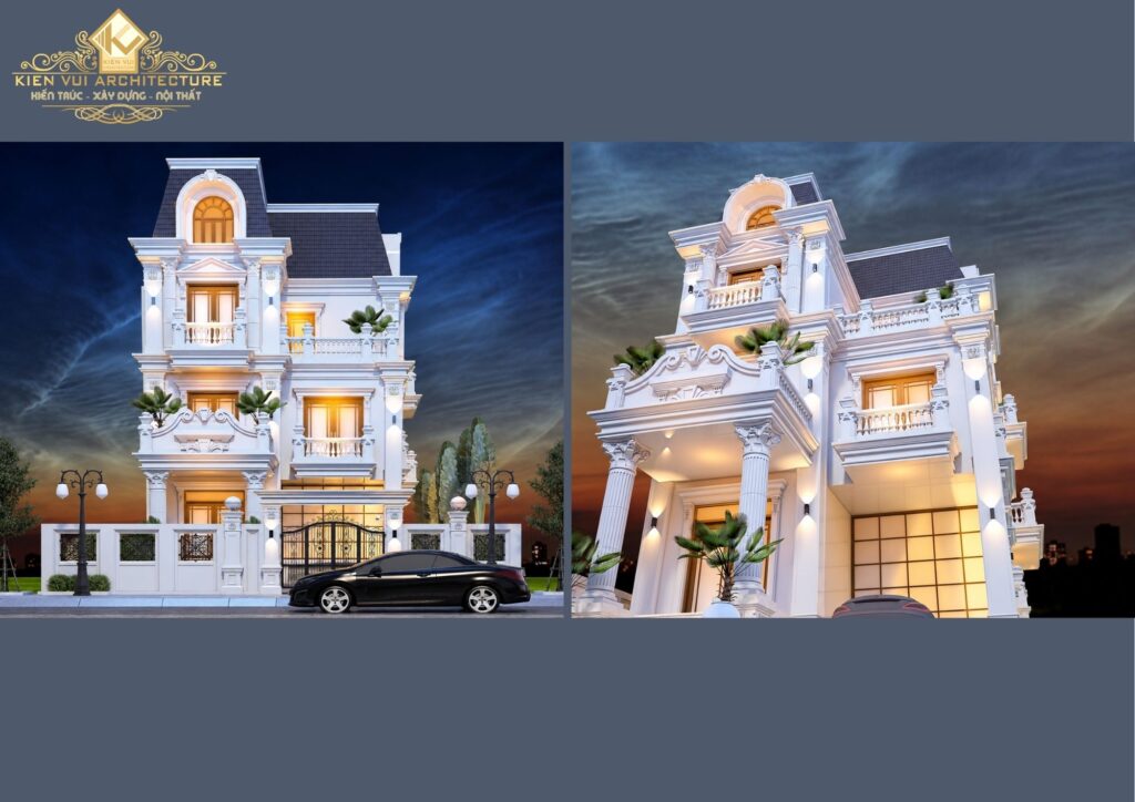 Phối cảnh mặt tiền biệt thự cổ điển 3 tầng mái Mansard nhìn từ chính diện và góc thấp