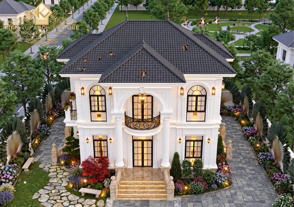 Tổng thể biệt thự mái Nhật hai tầng nhìn từ trên cao