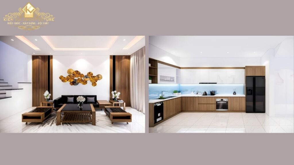 Thiết kế phòng khách và khu bếp nhà phố hiện đại với nội thất gỗ sáng, tủ bếp chữ L và không gian mở