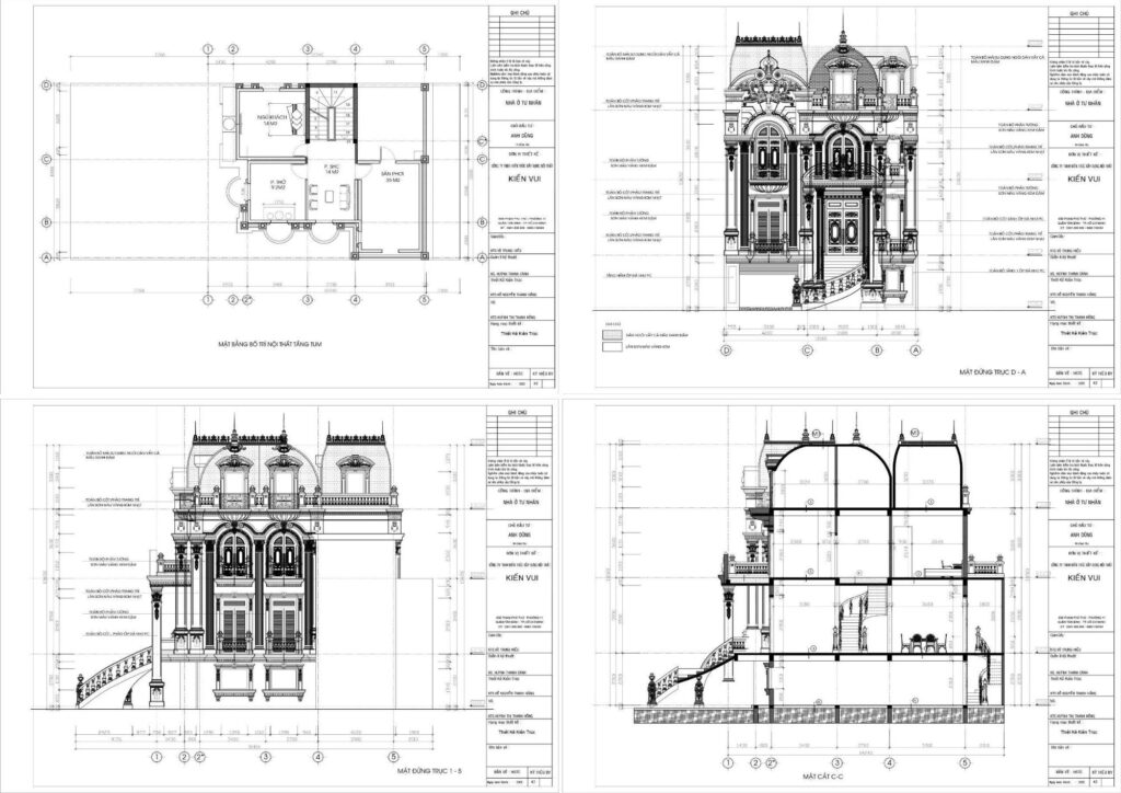Bản vẽ mặt đứng và mặt cắt biệt thự cổ điển mái Mansard