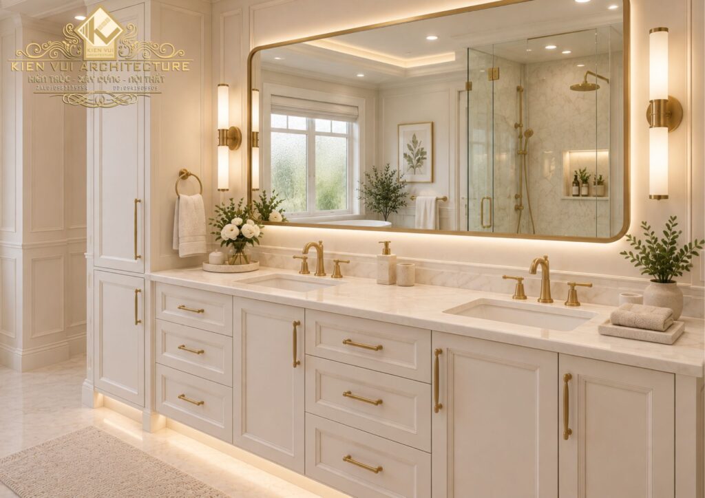 Phòng tắm biệt thự sáng màu có bồn lavabo và gương