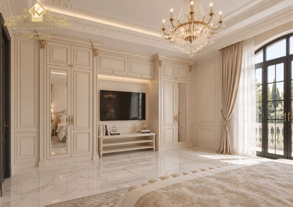 Phòng ngủ biệt thự với tường phào chỉ trắng và tivi treo tường