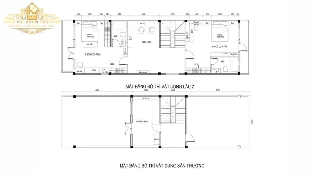 Mặt bằng bố trí công năng lầu 2 và sân thượng nhà phố chị Linh tại Củ Chi
