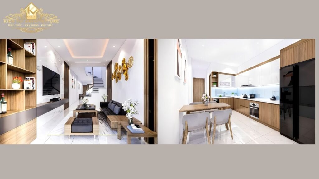 Không gian phòng khách liên thông bếp ăn nhà phố hiện đại với nội thất gỗ và cách bố trí gọn gàng