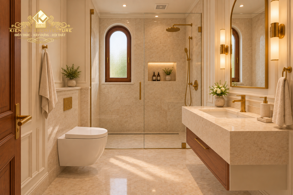 Phòng tắm tông kem với lavabo đá, bồn cầu treo tường và khu tắm kính