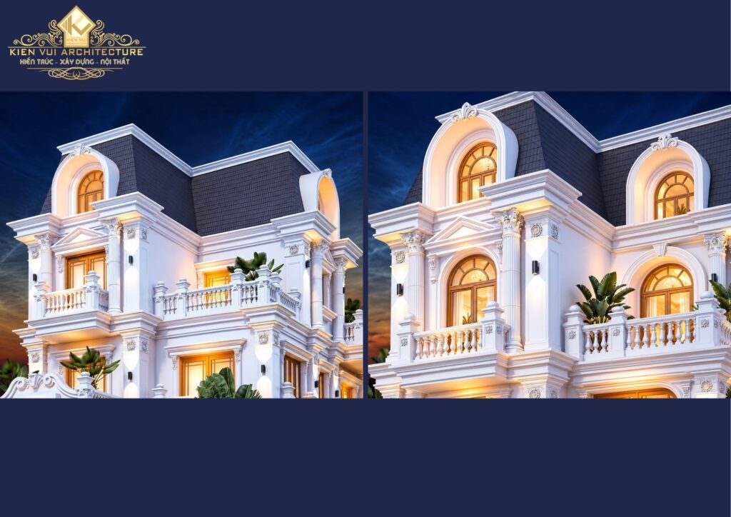Cận cảnh mái Mansard biệt thự cổ điển với cửa sổ vòm và phào chỉ trang trí tinh xảo