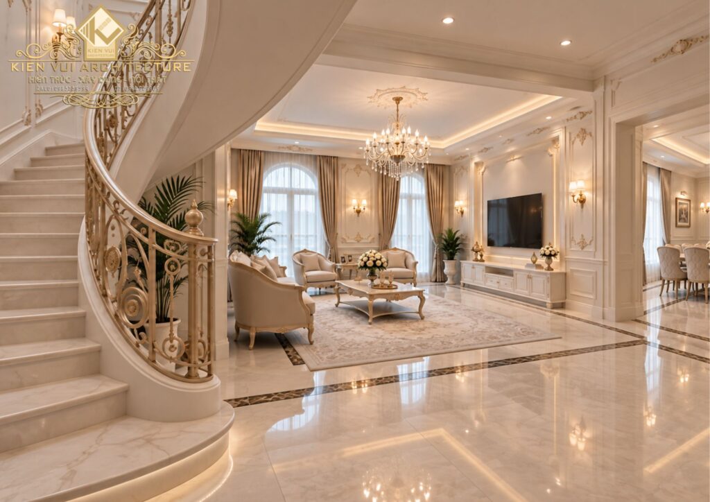 Phòng khách tân cổ điển tông kem trong biệt thự hai tầng