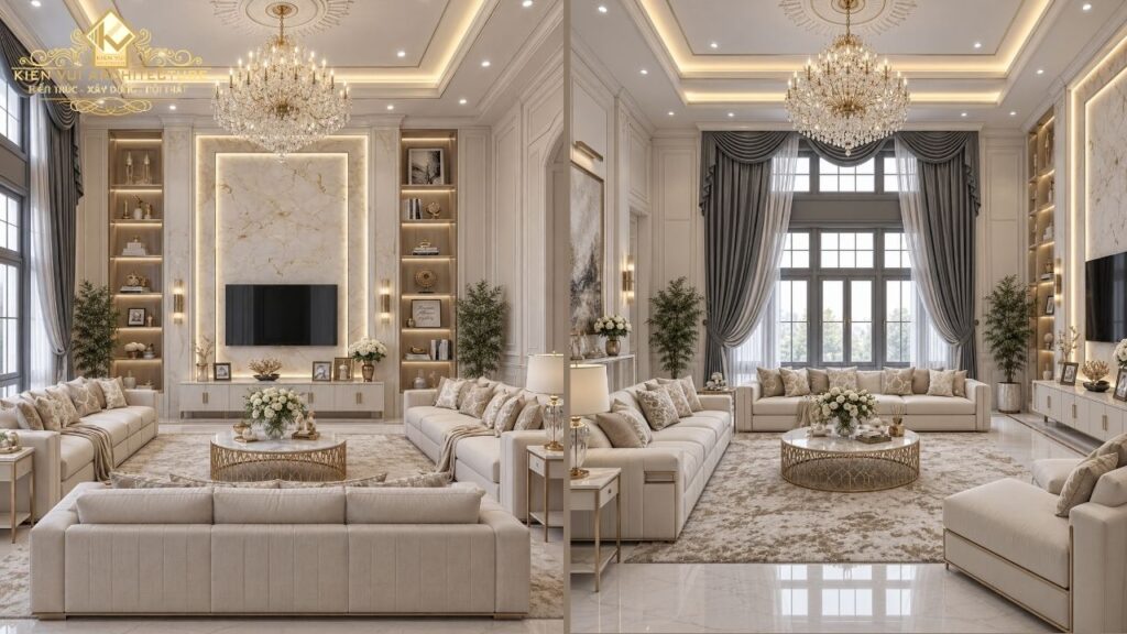 Không gian phòng khách biệt thự tân cổ điển rộng rãi và tinh tế