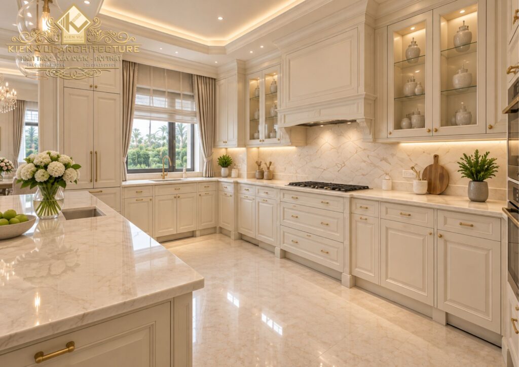 Bếp hiện đại chữ L của biệt thự 2 tầng