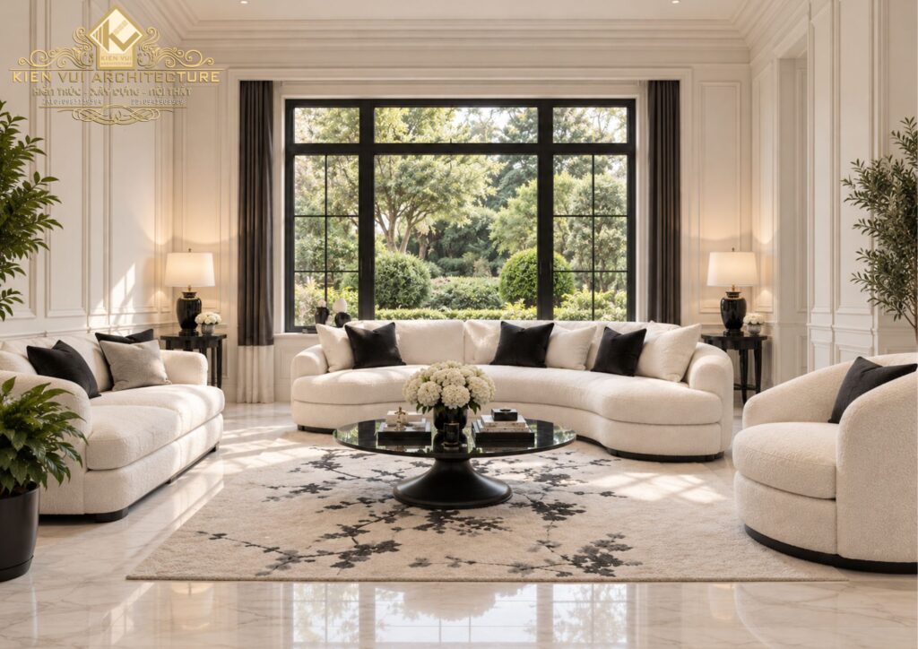 Phòng khách biệt thự với sofa cong và cửa sổ nhìn ra vườn