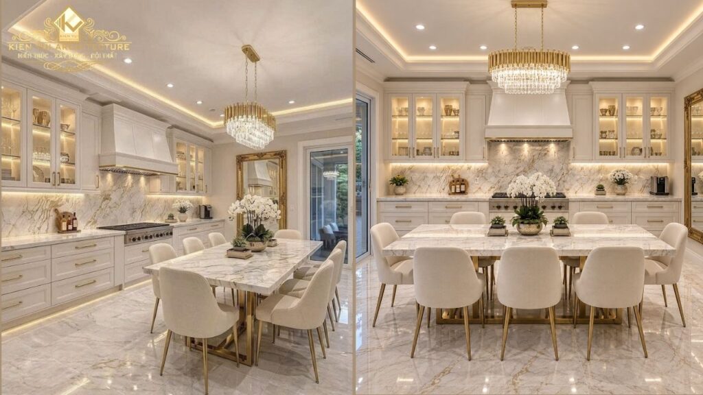 Thiết kế phòng bếp và bàn ăn biệt thự phong cách tân cổ điển